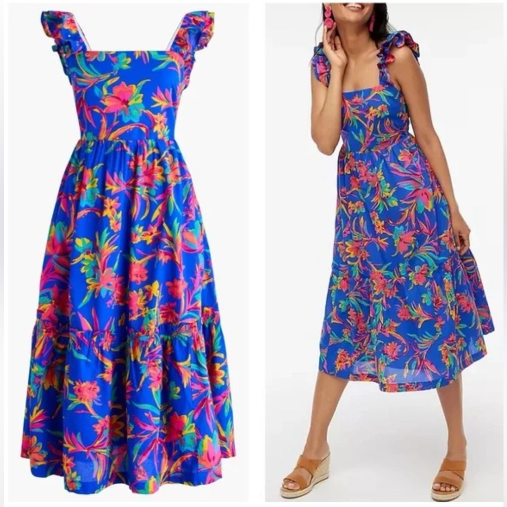 J Crew Women Dress Square Neck Midi Blue  Floral Dress with Pockets